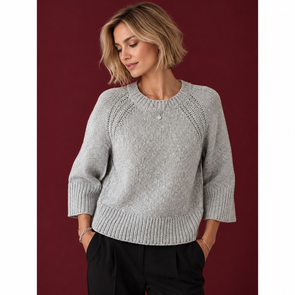 Talbots Petite SP Grey Marled Knit Crewneck Sweater Pointelle Raglan 3/4 Sleeve